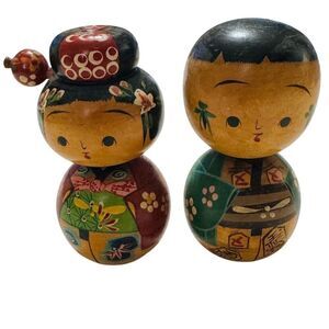 Kokeshi Dolls Pair Handcrafted Vintage Japanese Bobbleheads